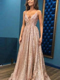 A-Line/Elegant Sleeveless Spaghetti Straps Floor-Length Sequins Prom Dresses by misshow.com