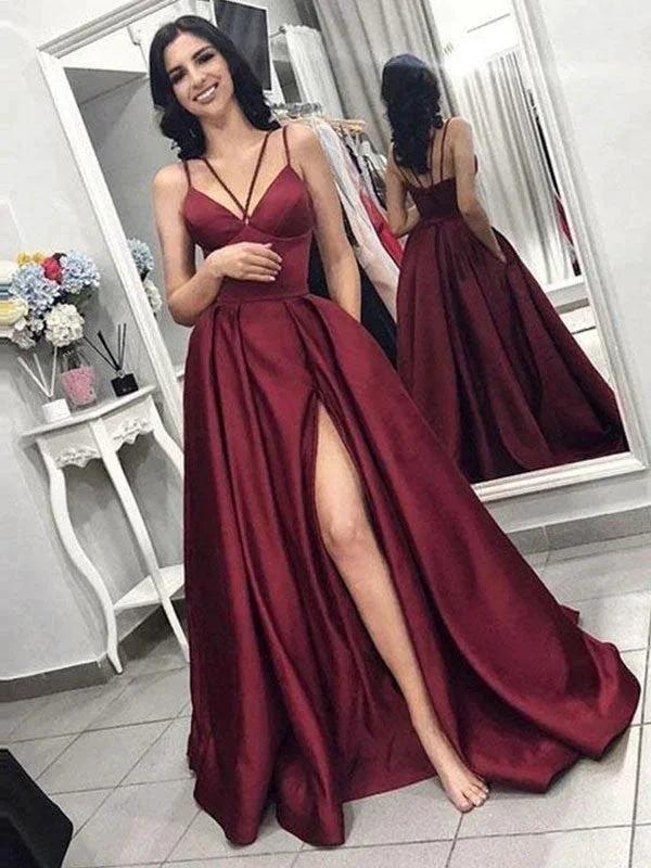 A-Line/Elegant Sleeveless Spaghetti Straps Ruffles Satin Prom Dresses by misshow.com