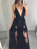 A-Line/Elegant Sleeveless Spaghetti Straps Tulle Floor-Length Applique Prom Dresses by misshow.com