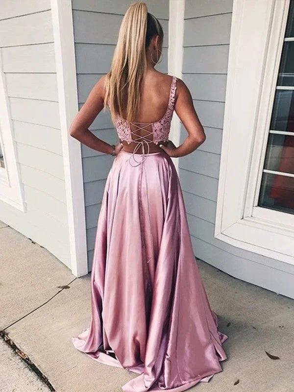 A-Line/Elegant Sleeveless Square Applique Silk like Satin Two Piece Prom Dresses by misshow.com