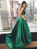 A-Line/Elegant Sleeveless Square Floor-Length Ruffles Satin Two Piece Prom Dresses by misshow.com