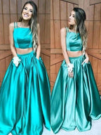 A-Line/Elegant Sleeveless Square Floor-Length Ruffles Satin Two Piece Prom Dresses by misshow.com