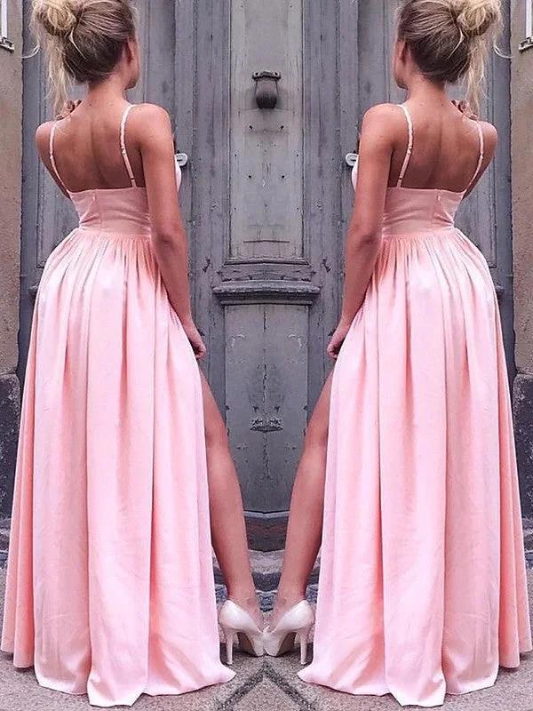 A-Line/Elegant Sleeveless Straps Floor-Length Ruched Silk like Satin Prom Dresses by misshow.com