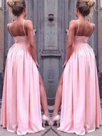 A-Line/Elegant Sleeveless Straps Floor-Length Ruched Silk like Satin Prom Dresses by misshow.com