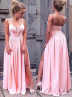 A-Line/Elegant Sleeveless Straps Floor-Length Ruched Silk like Satin Prom Dresses by misshow.com
