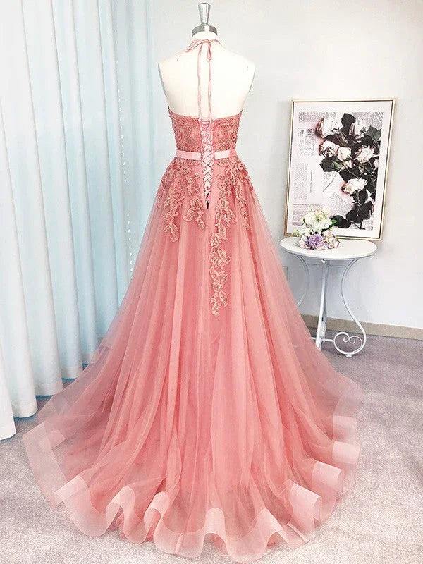 A-Line/Elegant Sleeveless Tulle Halter Applique Prom Dresses by misshow.com