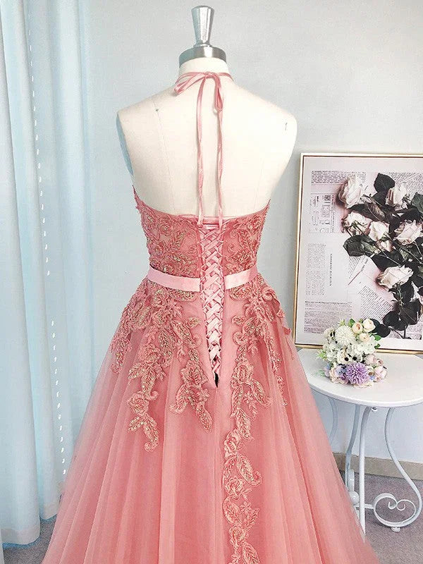 A-Line/Elegant Sleeveless Tulle Halter Applique Prom Dresses by misshow.com