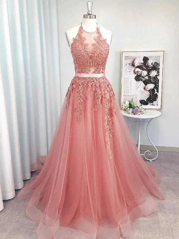 A-Line/Elegant Sleeveless Tulle Halter Applique Prom Dresses by misshow.com