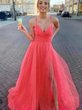 A-Line/Elegant Sleeveless Tulle V-neck Ruched Prom Dresses by misshow.com
