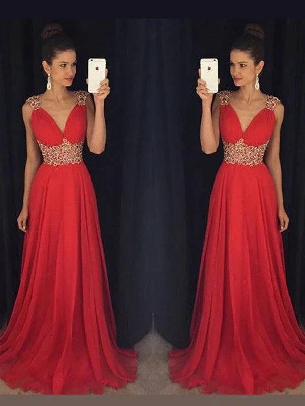 A-Line/Elegant Sleeveless V-neck Beading Floor-Length Chiffon Prom Dresses by misshow.com