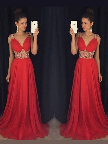 A-Linie/Elegant Ärmellos V-Ausschnitt Perlen verziert Bodenlang Chiffon Ballkleider
