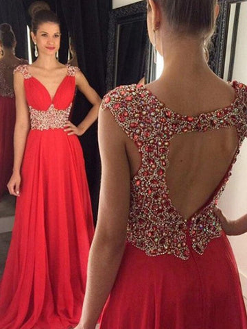 A-Linie/Elegant Ärmellos V-Ausschnitt Perlen verziert Bodenlang Chiffon Ballkleider