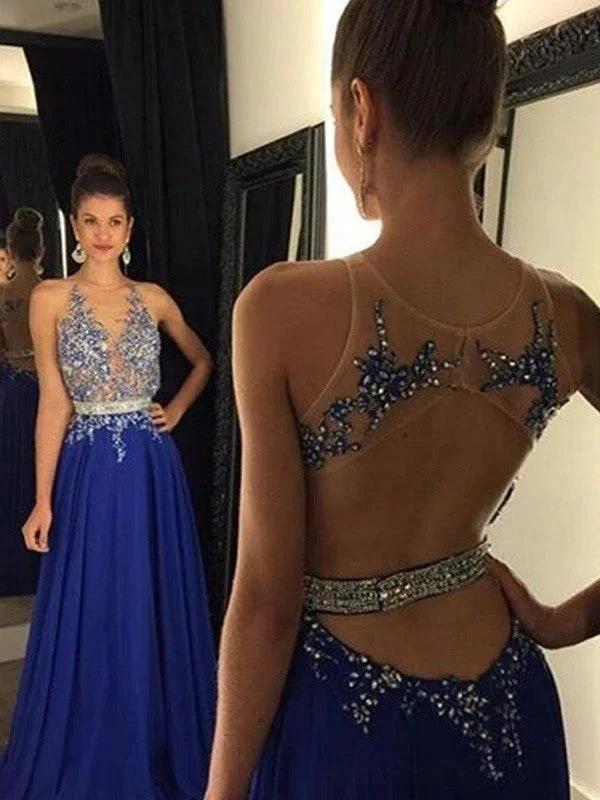 A-Line Elegant Sleeveless V-neck Chiffon Applique Floor-Length Prom Dresses by misshow.com