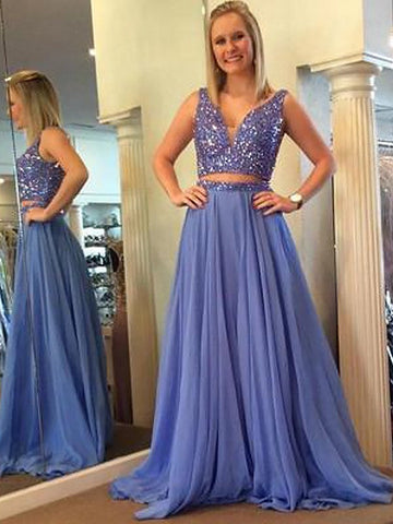 A-Linie/Elegant Ärmellos V-Ausschnitt Chiffon Perlenbesetzt Bodenlang Zweiteilige Ballkleider