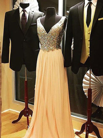 A-Linie/Elegant Ärmellos V-Ausschnitt Chiffon Perlen verziert Abiballkleider