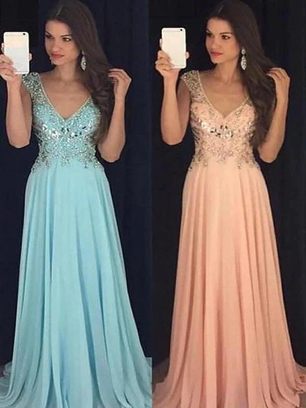 A-Line/Elegant Sleeveless V-neck Chiffon Paillette Floor-Length Prom Dresses by misshow.com