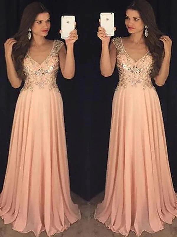 A-Line/Elegant Sleeveless V-neck Chiffon Paillette Floor-Length Prom Dresses by misshow.com