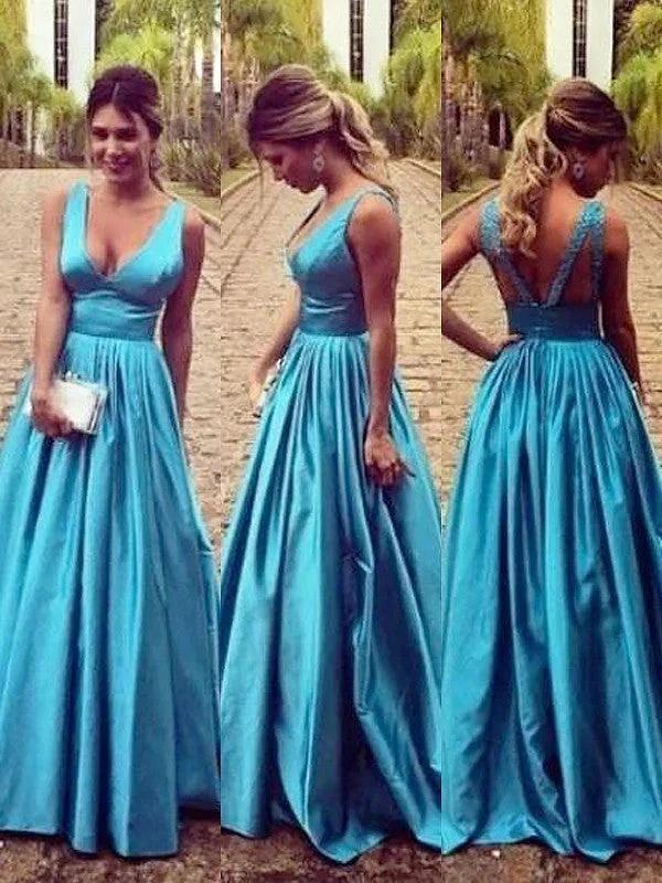 A-Line/Elegant Sleeveless V-neck Elastic Woven Satin Ruched Floor-Length Prom Dresses by misshow.com