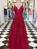A-Line/Elegant Sleeveless V-neck Floor-Length Applique Tulle Prom Dresses by misshow.com