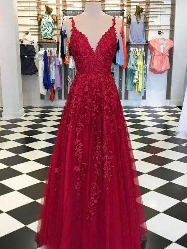 A-Line/Elegant Sleeveless V-neck Floor-Length Applique Tulle Prom Dresses by misshow.com