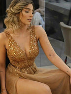 A-Line/Elegant Sleeveless V-neck Floor-Length Rhinestone Tulle Prom Dresses by misshow.com