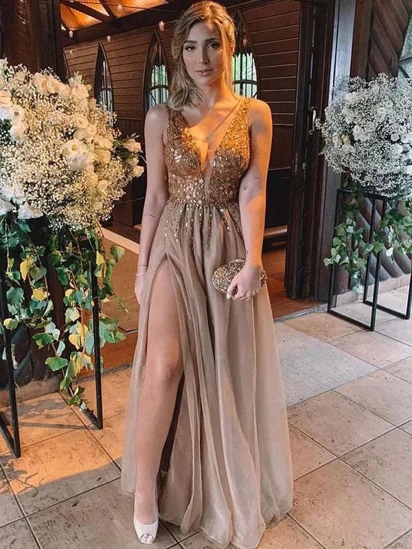 A-Line/Elegant Sleeveless V-neck Floor-Length Rhinestone Tulle Prom Dresses by misshow.com