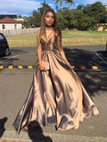 A-Line/Elegant Sleeveless V-neck Floor-Length Ruffles Satin Prom Dresses by misshow.com