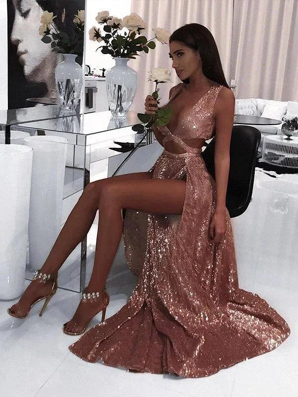 A-Line/Elegant Sleeveless V-neck Floor-Length Ruffles Sequins Prom Dresses by misshow.com