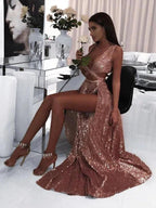 A-Line/Elegant Sleeveless V-neck Floor-Length Ruffles Sequins Prom Dresses by misshow.com