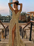 A-Line/Elegant Sleeveless V-neck Ruffles Sequins Prom Dresses by misshow.com