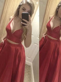 A-Line/Elegant Sleeveless V-Neck Satin Floor-Length Two Piece Prom Dresses by misshow.com