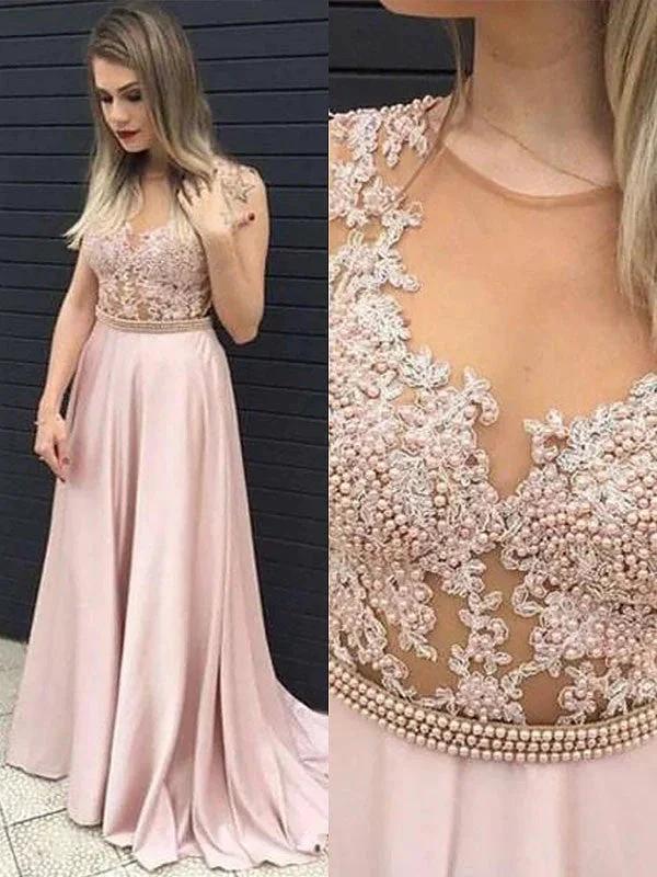 A-Line/Elegant Sleeveless V-neck Satin Lace Floor-Length Prom Dresses by misshow.com