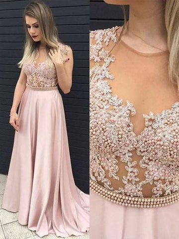 A-Linie/Elegant Ärmellos V-Ausschnitt Satin Spitze Bodenlang Ballkleider