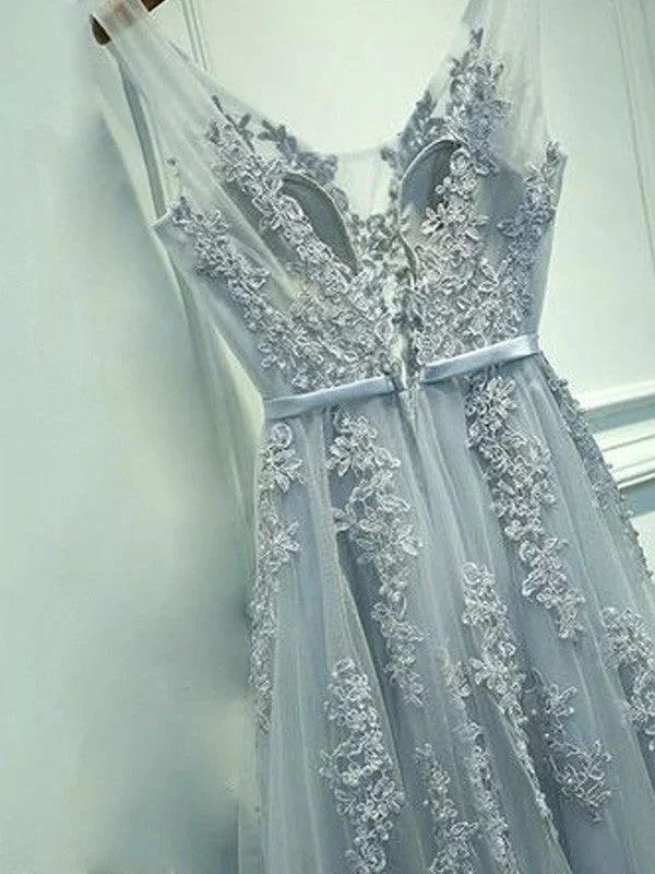 A-Line/Elegant Sleeveless V-neck Tulle Applique Floor-Length Prom Dresses by misshow.com