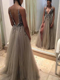 A-Line/Elegant Sleeveless V-neck Tulle Paillette Prom Dresses by misshow.com