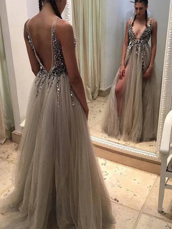 A-Line/Elegant Sleeveless V-neck Tulle Paillette Prom Dresses by misshow.com