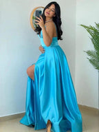 A-Line/Elegant Spaghetti Straps Satin Sleeveless Ruffles Floor-Length Prom Dresses by misshow.com