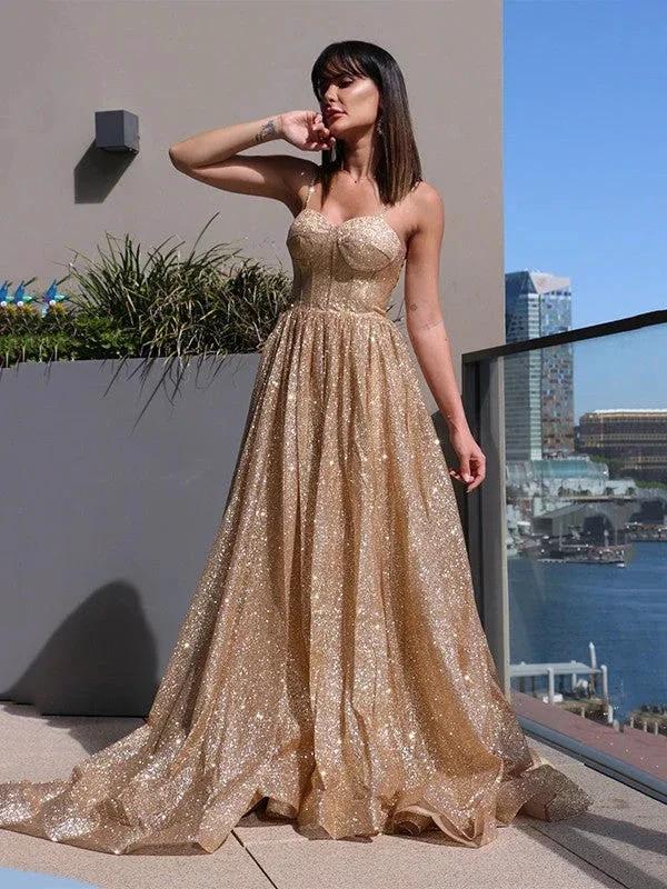 A-Line/Elegant Spaghetti Straps Sequins Sleeveless Ruffles Prom Dresses by misshow.com