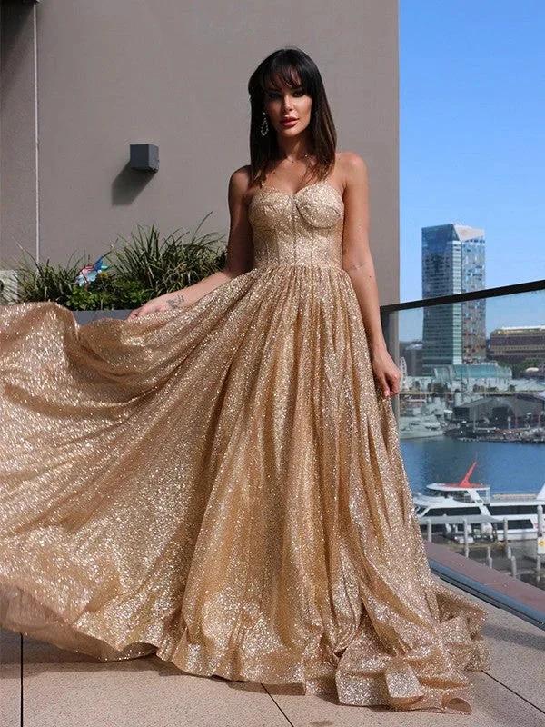 A-Line/Elegant Spaghetti Straps Sequins Sleeveless Ruffles Prom Dresses by misshow.com