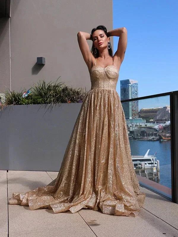 A-Line/Elegant Spaghetti Straps Sequins Sleeveless Ruffles Prom Dresses by misshow.com