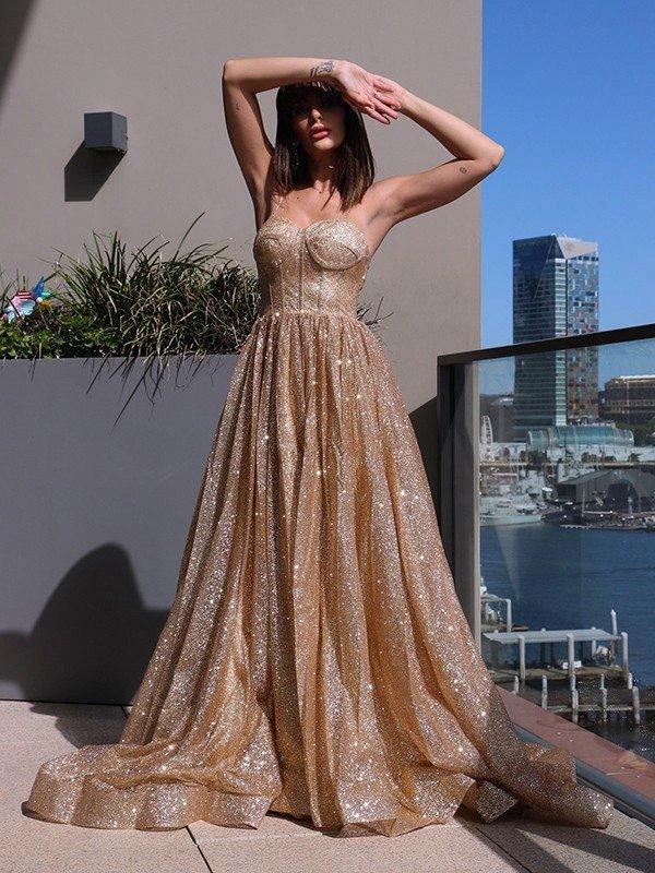 A-Line/Elegant Spaghetti Straps Sequins Sleeveless Ruffles Prom Dresses by misshow.com
