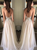 A-Line/Elegant Spaghetti Straps Sleeveless Applique Chiffon Prom Dresses by misshow.com