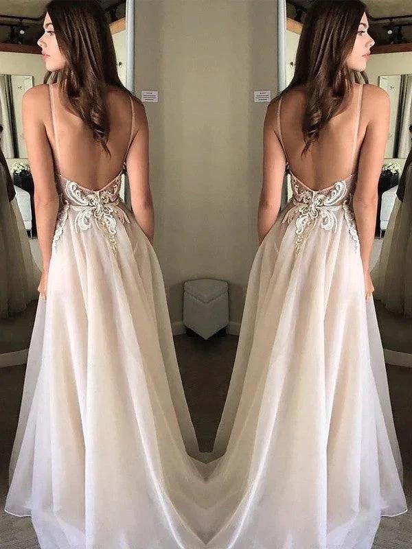 A-Line/Elegant Spaghetti Straps Sleeveless Applique Chiffon Prom Dresses by misshow.com