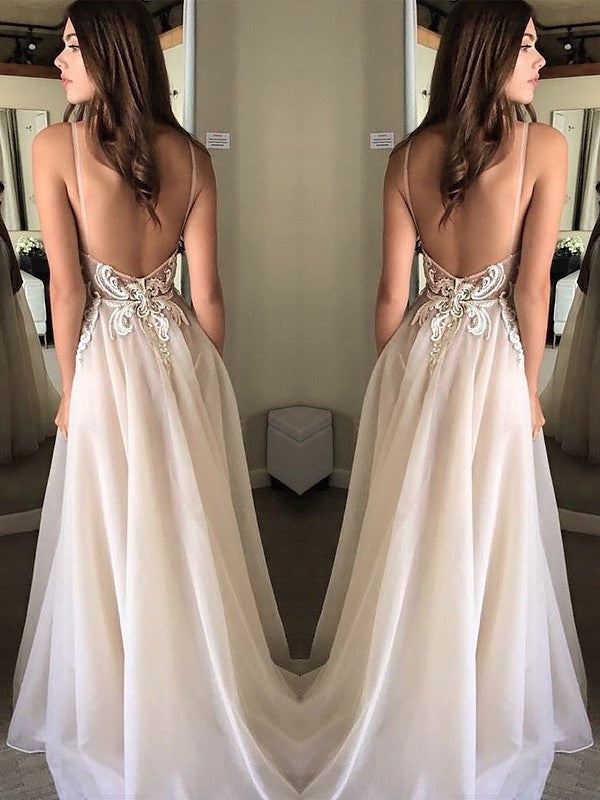 Vestidos de fiesta elegantes de gasa con apliques, sin mangas y tirantes finos en forma de A Main Image