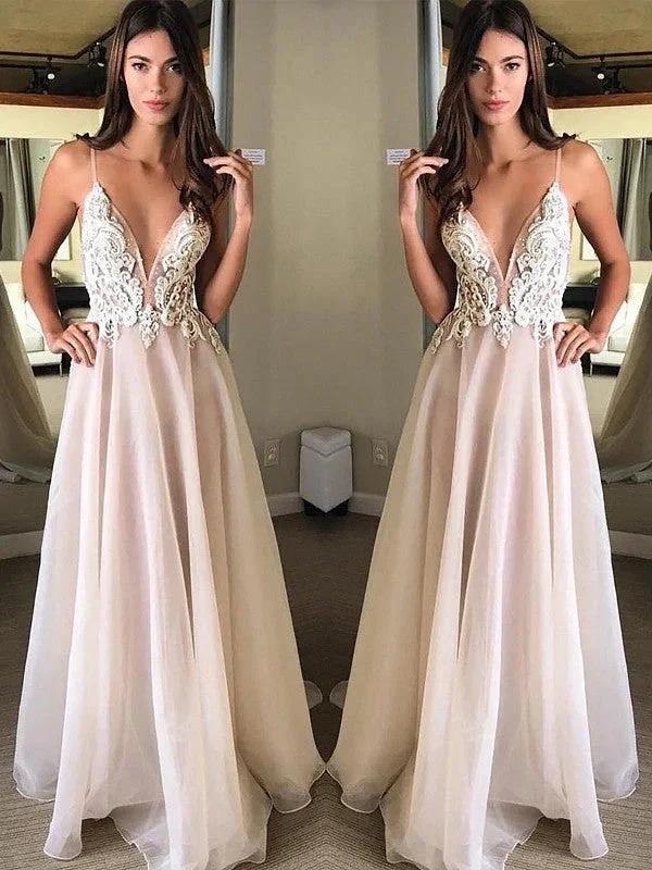 A-Line/Elegant Spaghetti Straps Sleeveless Applique Chiffon Prom Dresses by misshow.com