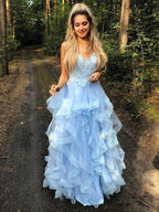 A-Line/Elegant Spaghetti Straps Sleeveless Applique Organza Floor-Length Prom Dresses by misshow.com