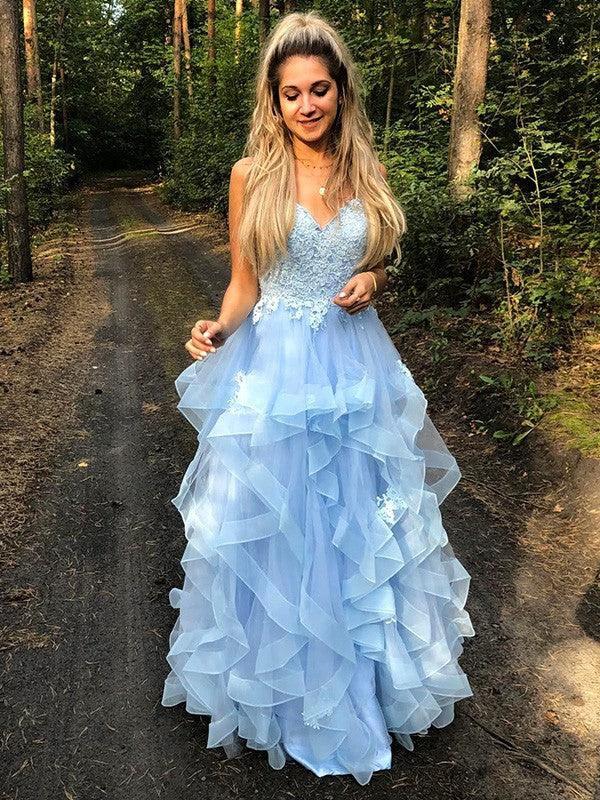 A-Line/Elegant Spaghetti Straps Sleeveless Applique Organza Floor-Length Prom Dresses by misshow.com