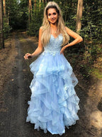 A-Line/Elegant Spaghetti Straps Sleeveless Applique Organza Floor-Length Prom Dresses by misshow.com