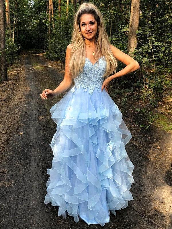 A-Line/Elegant Spaghetti Straps Sleeveless Applique Organza Floor-Length Prom Dresses by misshow.com