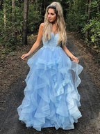 A-Line/Elegant Spaghetti Straps Sleeveless Applique Organza Floor-Length Prom Dresses by misshow.com